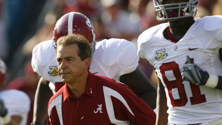 Sep 29, 2007; Jacksonville, FL, USA; Alabama Crimson Tide head coach Nick Saban takes the field for a game against the Florida State Seminoles at Jacksonville Municipal Stadium in Jacksonville, Fla. Sep 29, 2007; Jacksonville, FL, USA; Alabama Crimson Tide head coach Nick Saban takes the field for a game against the Florida State Seminoles at Jacksonville Municipal Stadium in Jacksonville, Fla.
