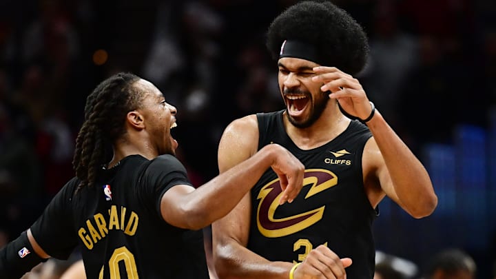 Nov 15, 2024; Cleveland, Ohio, USA; Cleveland Cavaliers guard Darius Garland (10) and center Jarrett Allen (31) celebrate during the second half against the Chicago Bulls at Rocket Mortgage FieldHouse. Mandatory Credit: Ken Blaze-Imagn Images