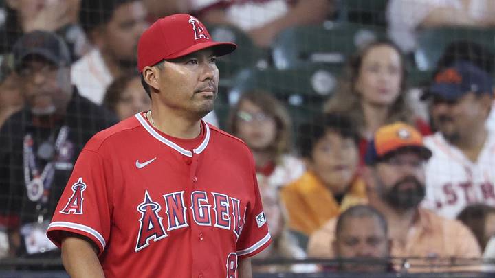 Los Angeles Angels manager Kurt Suzuki (8) walks to the mound