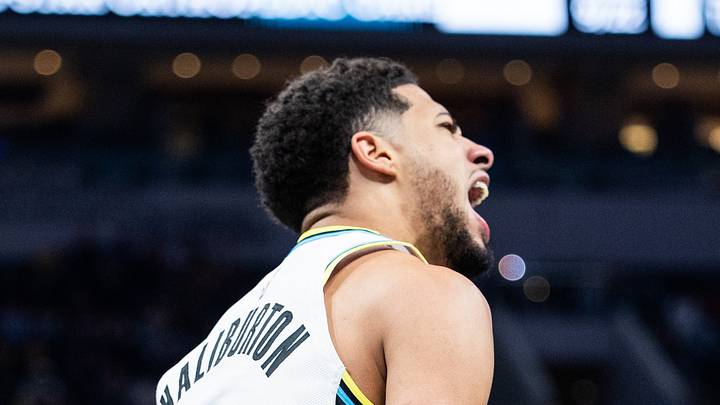 Dec 15, 2024; Indianapolis, Indiana, USA; Indiana Pacers guard Tyrese Haliburton (0) celebrates a made shot  in the second half against the New Orleans Pelicans at Gainbridge Fieldhouse. Mandatory Credit: Trevor Ruszkowski-Imagn Images