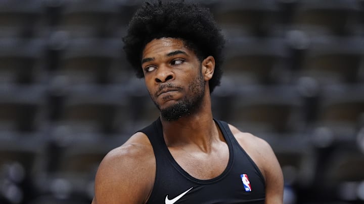 Mar 22, 2026; Denver, Colorado, USA; Portland Trail Blazers guard Scoot Henderson (00) before the game against the Denver Nuggets at Ball Arena. Mandatory Credit: Ron Chenoy-Imagn Images