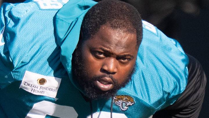 Jacksonville Jaguars defensive lineman Khalen Saunders (68) warms up during the Jacksonville Jaguars’ 18th and final training camp practice at Miller Electric Center in Jacksonville, Fla. Wednesday August 20, 2025. [Doug Engle/Florida Times-Union]