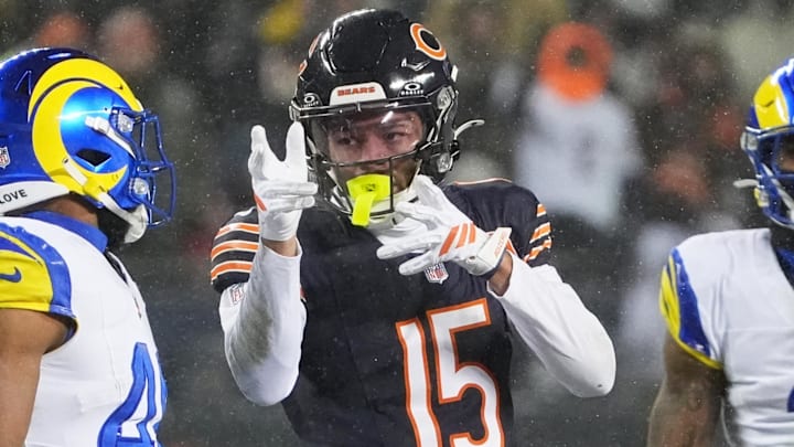 Jan 18, 2026; Chicago, IL, USA; Chicago Bears wide receiver Rome Odunze (15) reacts after catching a pass against the Los Angeles Rams during the second quarter of an NFC Divisional Round game at Soldier Field.