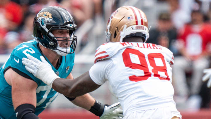 September 28, 2025; Santa Clara, California, USA; Jacksonville Jaguars offensive tackle Walker Little (72) blocks San Francisco 49ers defensive end Mykel Williams (98) during the first quarter at Levi's Stadium. Mandatory Credit: Kyle Terada-Imagn Images