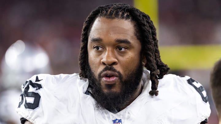 Aug 23, 2025; Glendale, Arizona, USA; Las Vegas Raiders guard Dylan Parham (66) against the Arizona Cardinals during a preseason NFL game at State Farm Stadium. Mandatory Credit: Mark J. Rebilas-Imagn Images Aug 23, 2025; Glendale, Arizona, USA; Las Vegas Raiders guard Dylan Parham (66) against the Arizona Cardinals during a preseason NFL game at State Farm Stadium. Mandatory Credit: Mark J. Rebilas-Imagn Images