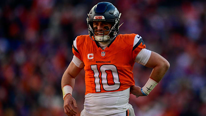 DENVER, CO - JANUARY 17: Denver Broncos quarterback Bo Nix (10) looks on in the first quarter against the Buffalo Bills in the AFC Divisional Round game at Empower Field at Mile High on January 17, 2026 in Denver, Colorado. 