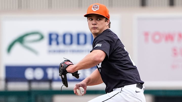 Detroit Tigers pitcher Jackson Jobe throws at batting practice during spring training at Joker Marchant Stadium in Lakeland, Fla. on Thursday, Feb. 20, 2025