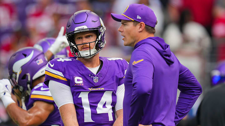 Minnesota Vikings QB Sam Darnold and head coach Kevin O'Connell