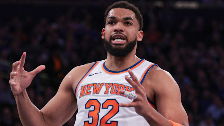 Feb 19, 2026; New York, New York, USA; New York Knicks center Karl-Anthony Towns (32) reacts during the first half against Detroit Pistons at Madison Square Garden. Mandatory Credit: Vincent Carchietta-Imagn Images
