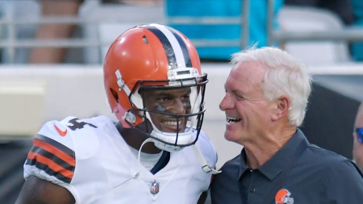 Cleveland Browns owner Jimmy Haslam talks with Cleveland Browns quarterback Deshaun Watson (4) on the sidelines before the start of the preseason game agains the Jacksonville Jaguars. The Jacksonville Jaguars hosted the Cleveland Browns at TIAA Bank Field in Jacksonville, Florida Friday, August 12, 2022 for the first home preseason game of the season.

Jki 081222 Bs Jags Vs Browns Preseason 55