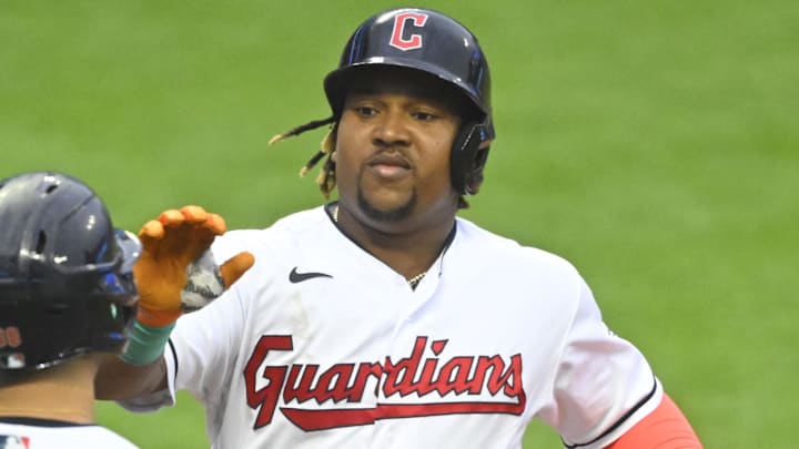 Jun 8, 2023; Cleveland, Ohio, USA; Cleveland Guardians third baseman Jose Ramirez (11) celebrates his two-run home run with left fielder Steven Kwan (38) in the third inning against the Boston Red Sox at Progressive Field. Mandatory Credit: David Richard-Imagn Images
