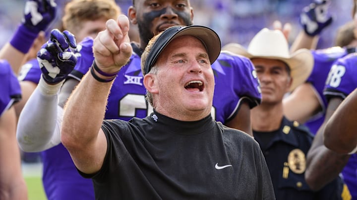 Sep 11, 2021; Fort Worth, Texas, USA; TCU Horned Frogs head coach Gary Patterson sings the school alma mater after the win over the California Golden Bears at Amon G. Carter Stadium. 