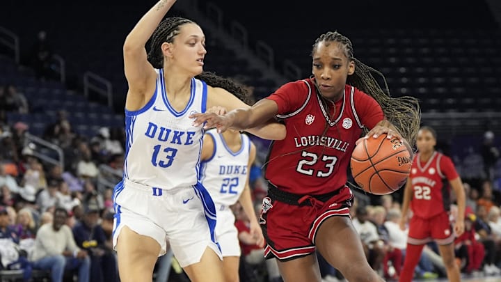 Mar 8, 2026; Duluth, GA, USA; Louisville Cardinals guard Skylar Jones (23) dribbles against Duke Blue Devils forward Jordan Wood (13) during the first half at Gas South Arena. Mandatory Credit: Dale Zanine-Imagn Images Mar 8, 2026; Duluth, GA, USA; Louisville Cardinals guard Skylar Jones (23) dribbles against Duke Blue Devils forward Jordan Wood (13) during the first half at Gas South Arena. Mandatory Credit: Dale Zanine-Imagn Images