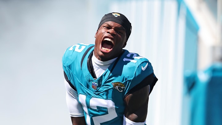 Oct 12, 2025; Jacksonville, Florida, USA; Jacksonville Jaguars wide receiver Travis Hunter (12) runs on the field before the game against the Seattle Seahawks at EverBank Stadium. Mandatory Credit: Morgan Tencza-Imagn Images