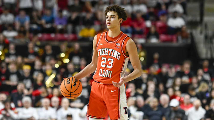 Mar 8, 2026; College Park, Maryland, USA;  ]Illinois Fighting Illini guard Keaton Wagler (23) looks to pass during the first half against the Maryland Terrapins at Xfinity Center. Mandatory Credit: Tommy Gilligan-Imagn Images