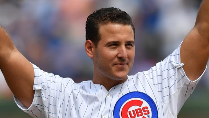 Anthony Rizzo former Chicago Cubs player and team ambassador prepares to throw out a ceremonial first pitch prior to a game a Anthony Rizzo former Chicago Cubs player and team ambassador prepares to throw out a ceremonial first pitch prior to a game a
