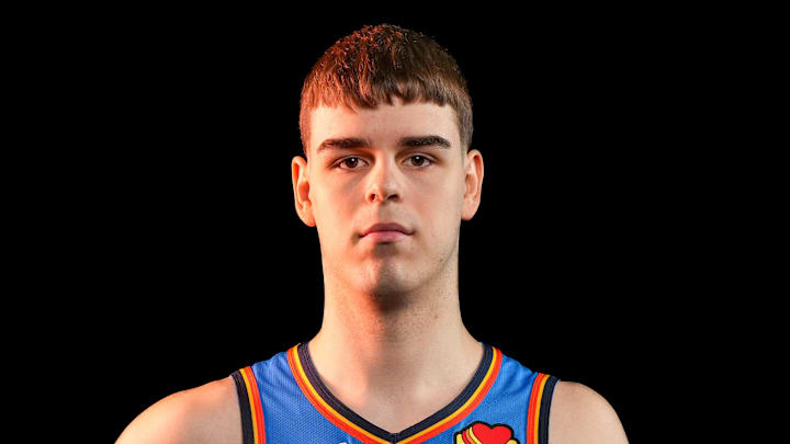 Oklahoma guard Nikola Topic (44) poses for a photo shoot during Thunder media day at Paycom Center in Oklahoma City on Monday, Sept. 29, 2025.