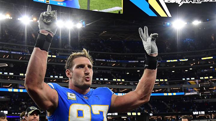 Nov 21, 2021; Inglewood, California, USA; Los Angeles Chargers edge rusher Joey Bosa (97) celebrates the victory against the Pittsburgh Steelers at SoFi Stadium. Mandatory Credit: Gary A. Vasquez-Imagn Images