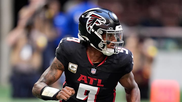 Nov 16, 2025; Atlanta, Georgia, USA; Atlanta Falcons quarterback Michael Penix Jr. (9) looks to pass in the first quarter against the Carolina Panthers at Mercedes-Benz Stadium. Mandatory Credit: Dale Zanine-Imagn Images