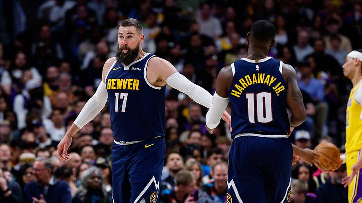 Mar 5, 2026; Denver, Colorado, USA; Denver Nuggets center Jonas Valanciunas (17) reacts with guard Tim Hardaway Jr. (10) after a play in the fourth quarter against the Los Angeles Lakers at Ball Arena. Mandatory Credit: Isaiah J. Downing-Imagn Images Mar 5, 2026; Denver, Colorado, USA; Denver Nuggets center Jonas Valanciunas (17) reacts with guard Tim Hardaway Jr. (10) after a play in the fourth quarter against the Los Angeles Lakers at Ball Arena. Mandatory Credit: Isaiah J. Downing-Imagn Images