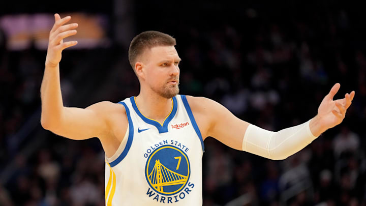 Mar 13, 2026; San Francisco, California, USA; Golden State Warriors forward Kristaps Porzingis (7) reacts after being fouled against the Minnesota Timberwolves in the fourth quarter at the Chase Center. Mandatory Credit: Cary Edmondson-Imagn Images