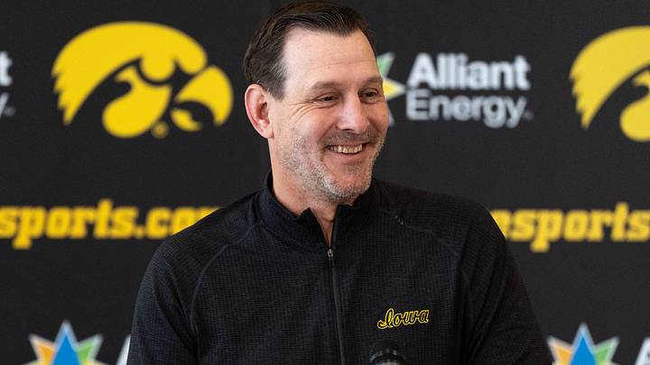 Iowa football Offensive Coordinator Tim Lester speaks during a press conference April 22, 2026 at the Hansen Performance Center in Iowa City, Iowa. Iowa football Offensive Coordinator Tim Lester speaks during a press conference April 22, 2026 at the Hansen Performance Center in Iowa City, Iowa.