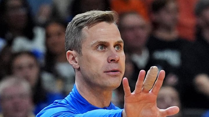 Mar 21, 2026; Greenville, SC, USA; Duke Blue Devils head coach Jon Scheyer reacts during the second half against the Texas Christian University Horned Frogs during a second round game of the men's 2026 NCAA Tournament at Bon Secours Wellness Arena. Mandatory Credit: Jim Dedmon-Imagn Images