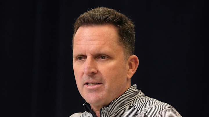 Feb 25, 2025; Indianapolis, IN, USA; Denver Broncos general manager George Paton speaks during the NFL Scouting Combine at the Indiana Convention Center. Mandatory Credit: Kirby Lee-Imagn Images