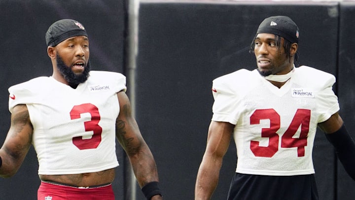 Arizona Cardinals safety Budda Baker (3) and safety Jalen Thompson (34) during training camp at State Farm Stadium in Glendale on July 25, 2025.