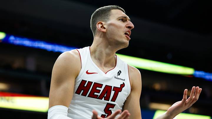 Jan 20, 2026; Sacramento, California, USA; Miami Heat forward Nikola Jovic (5) reacts to a call against the Sacramento Kings during the third quarter at Golden 1 Center. Mandatory Credit: Sergio Estrada-Imagn Images