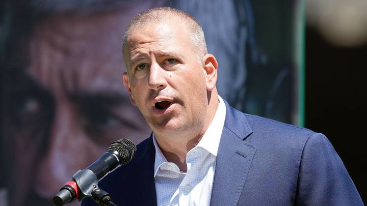 Aug 7, 2022; Oakland, California, USA; Oakland Athletics general manager David Forst speaks during a ceremony before the game against the San Francisco Giants at RingCentral Coliseum. Mandatory Credit: Darren Yamashita-USA TODAY Sports Aug 7, 2022; Oakland, California, USA; Oakland Athletics general manager David Forst speaks during a ceremony before the game against the San Francisco Giants at RingCentral Coliseum. Mandatory Credit: Darren Yamashita-USA TODAY Sports