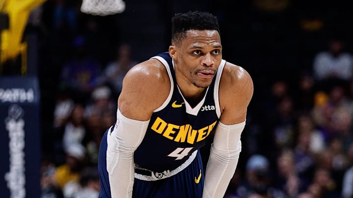 Apr 2, 2025; Denver, Colorado, USA; Denver Nuggets guard Russell Westbrook (4) and center DeAndre Jordan (6) in the fourth quarter against the San Antonio Spurs at Ball Arena. Mandatory Credit: Isaiah J. Downing-Imagn Images