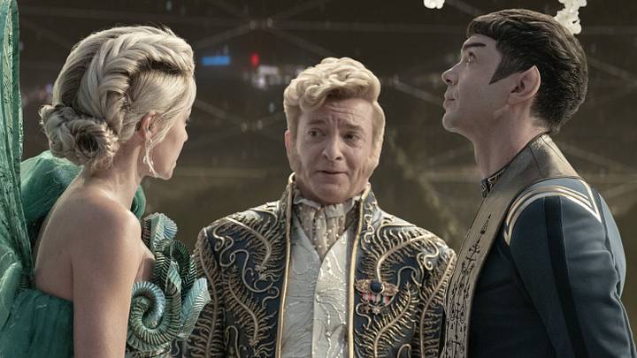 L to R Jess Bush as Chapel, Rhys Darby as Trelane and Ethan Peck as Spock in season 3 , Episode 2 of Strange New Worlds streaming on Paramount+. Photo Credit: Marni GrossmanParamount+