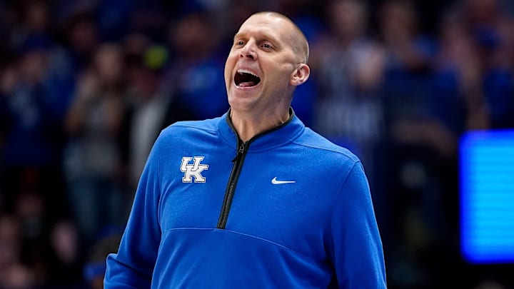 Kentucky head coach Mark Pope yells to his team as they face Alabama during the first half of a Southeastern Conference tournament quarterfinal game at Bridgestone Arena in Nashville, Tenn., Friday, March 14, 2025.