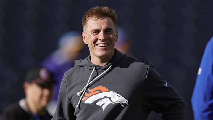 Jan 4, 2026; Denver, Colorado, USA; Denver Broncos quarterback Bo Nix (10) smiles before the game against the Los Angeles Chargers at Empower Field at Mile High. Mandatory Credit: Isaiah J. Downing-Imagn Images