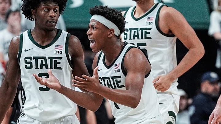 Michigan State guard Jeremy Fears Jr. (1) reacts after being called a personal foul during the second half against Duke at Breslin Center in East Lansing on Saturday, Dec. 6, 2025. Michigan State guard Jeremy Fears Jr. (1) reacts after being called a personal foul during the second half against Duke at Breslin Center in East Lansing on Saturday, Dec. 6, 2025.