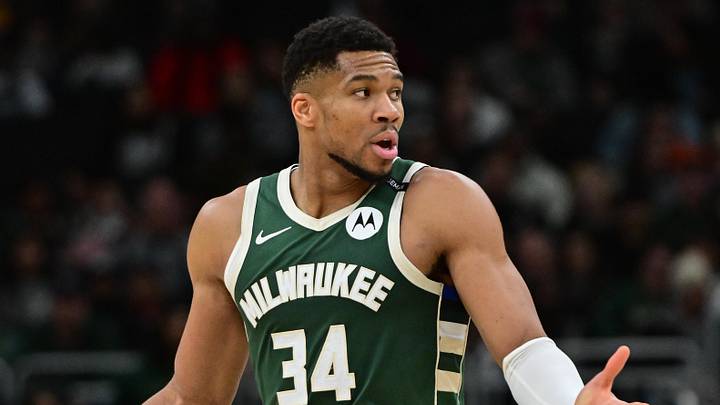 Apr 1, 2025; Milwaukee, Wisconsin, USA;  Milwaukee Bucks forward Giannis Antetokounmpo (34) reacts in the second quarter against the Phoenix Suns at Fiserv Forum. Mandatory Credit: Benny Sieu-Imagn Images