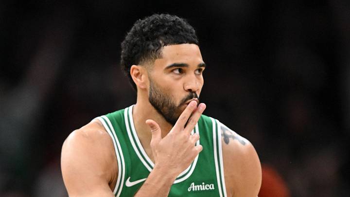 Boston Celtics forward Jayson Tatum (0) reacts after making a three-point basket against the Philadelphia 76ers in the first half of a game two of the first round of the 2026 NBA Playoffs at TD Garden on April 21, 2026.