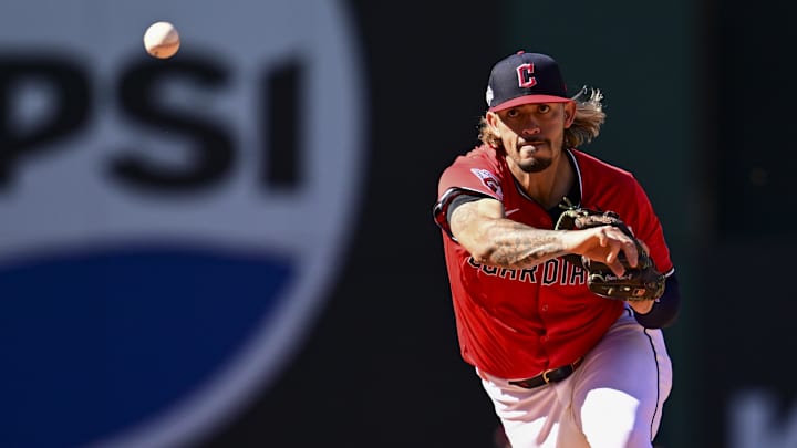 Sep 30, 2025; Cleveland, Ohio, USA; Cleveland Guardians shortstop Gabriel Arias (13) throws to first against the Detroit Tigers in the seventh inning during game one of the Wildcard round for the 2025 MLB playoffs at Progressive Field. Mandatory Credit: David Dermer-Imagn Images