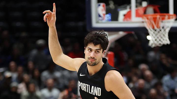 Jan 27, 2026; Washington, District of Columbia, USA; Portland Trail Blazers forward Deni Avdija (8) celebrates during the second half against the Washington Wizards at Capital One Arena. Mandatory Credit: Daniel Kucin Jr.-Imagn Images