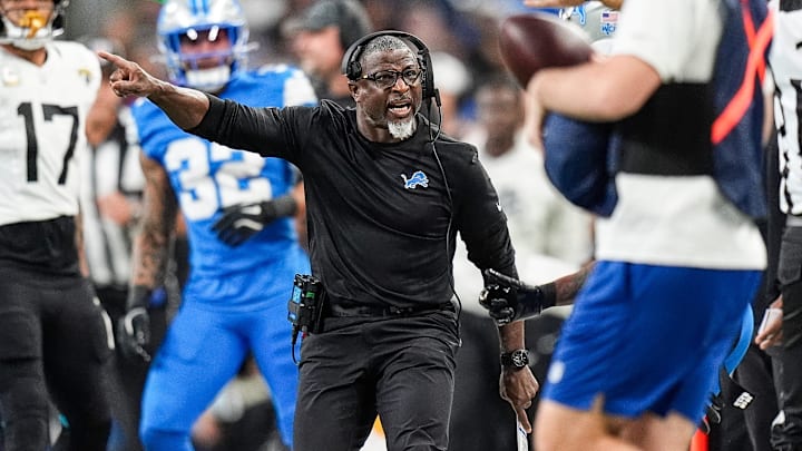 Detroit Lions defensive coordinator Aaron Glenn reacts to a play against Jacksonville Jaguars during the second half at Ford Field in Detroit on Sunday, Nov. 17, 2024.