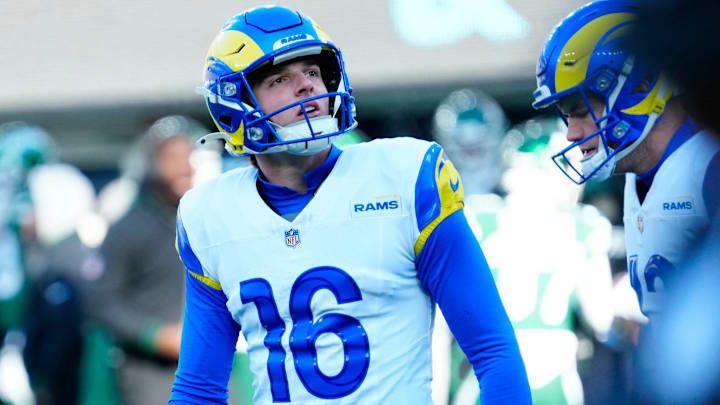 Los Angeles Rams place kicker Joshua Karty (16) reacts after missing the extra point in the second quarter, Sunday, December 22, 2024, in East Rutherford.