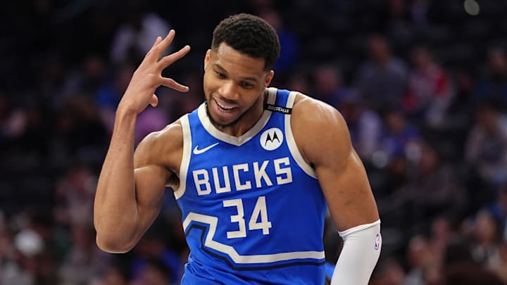 Milwaukee Bucks forward Giannis Antetokounmpo (34) reacts against the Philadelphia 76ers in the fourth quarter at Wells Fargo Center on April 3, 2025.