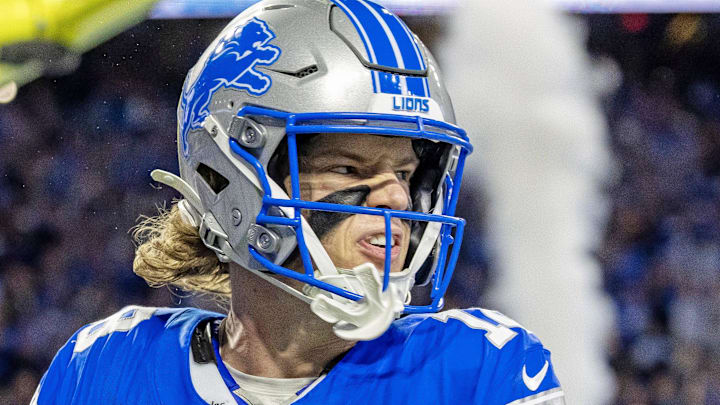 Dec 21, 2025; Detroit, Michigan, USA; Detroit Lions wide receiver Isaac Teslaa (18) scores a touchdown during the third quarter against the Pittsburgh Steelers at Ford Field.