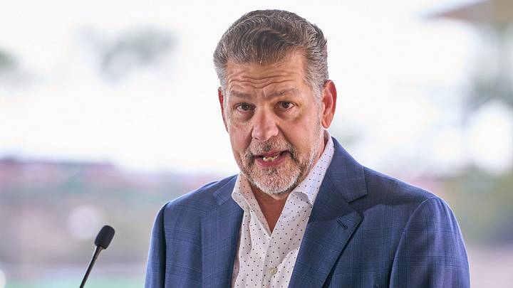 Dec 5, 2022; Scottsdale, AZ, USA; Mike Golic addresses the crowd during the DraftKings Sportsbook groundbreaking ceremony at the TPC Scottsdale Champions Course on Monday, Dec. 5, 2022. Dec 5, 2022; Scottsdale, AZ, USA; Mike Golic addresses the crowd during the DraftKings Sportsbook groundbreaking ceremony at the TPC Scottsdale Champions Course on Monday, Dec. 5, 2022.