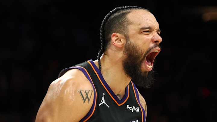 Apr 27, 2026; Phoenix, Arizona, USA; Phoenix Suns forward Dillon Brooks (3) celebrates a shot against the Oklahoma City Thunder in the second half during game four of the first round of the 2026 NBA Playoffs at Mortgage Matchup Center. Mandatory Credit: Mark J. Rebilas-Imagn Images