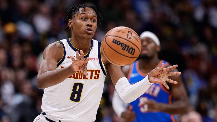 Dec 29, 2023; Denver, Colorado, USA; Denver Nuggets forward Peyton Watson (8) passes the ball in the third quarter against the Oklahoma City Thunder at Ball Arena. Mandatory Credit: Isaiah J. Downing-USA TODAY Sports Dec 29, 2023; Denver, Colorado, USA; Denver Nuggets forward Peyton Watson (8) passes the ball in the third quarter against the Oklahoma City Thunder at Ball Arena. Mandatory Credit: Isaiah J. Downing-USA TODAY Sports