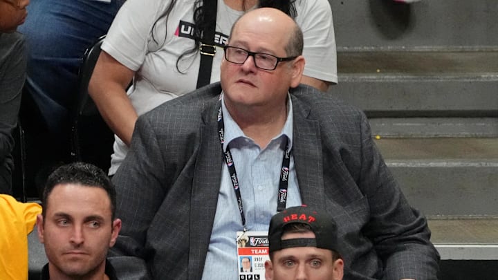 Jun 1, 2023; Denver, CO, USA; Miami Heat general manager Andy Elisburg looks on in game one of the 2023 NBA Finals against the Denver Nuggets during the fourth quarter at Ball Arena. Mandatory Credit: Kyle Terada-Imagn Images