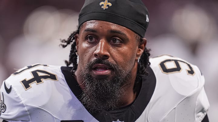 Sep 29, 2024; Atlanta, Georgia, USA; New Orleans Saints defensive end Cameron Jordan (94) shown on the field before the game against the Atlanta Falcons at Mercedes-Benz Stadium. Sep 29, 2024; Atlanta, Georgia, USA; New Orleans Saints defensive end Cameron Jordan (94) shown on the field before the game against the Atlanta Falcons at Mercedes-Benz Stadium.