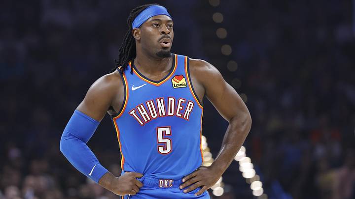 Apr 2, 2026; Oklahoma City, Oklahoma, USA; Oklahoma City Thunder guard Luguentz Dort (5) stands during Los Angeles Lakers free throw baskets during the first quarter at Paycom Center. Mandatory Credit: Alonzo Adams-Imagn Images